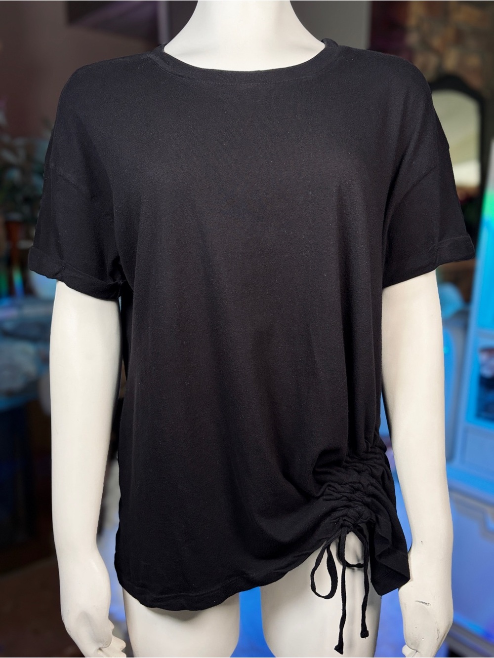 Current/Elliott Black Knit “Casson” 100% Cotton Asymmetrical Ruched Top, Sz S